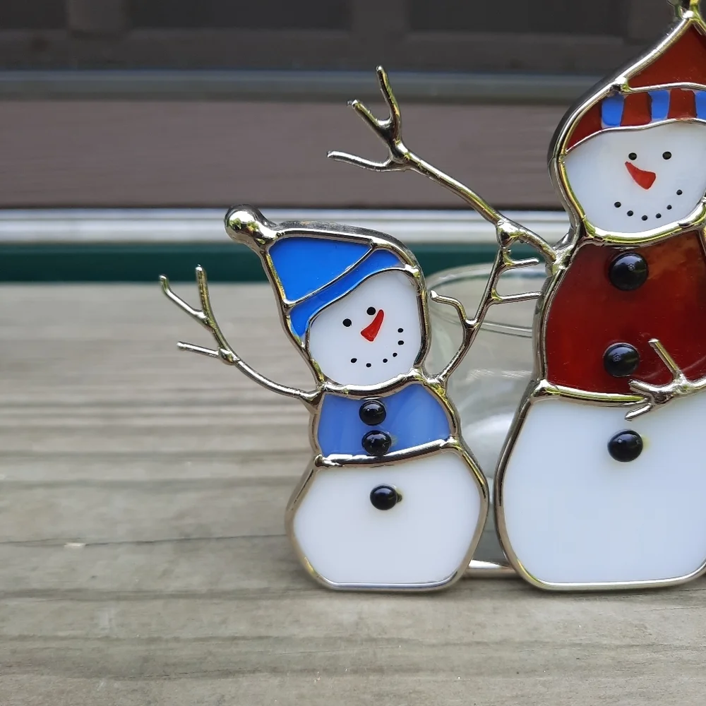 Stained Glass 3 Snowmen Votive Candle Holder Winter Christmas